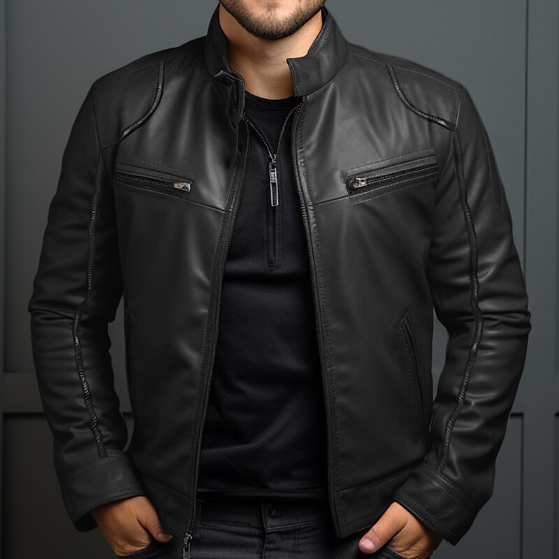 Callan | Men's Faux Leather Stand-Collar Zip Jacket Multi-Pocket