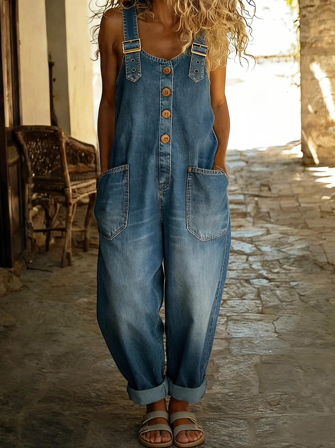 Rocio™ - Versatile Adjustable Buckle Denim Jumpsuit