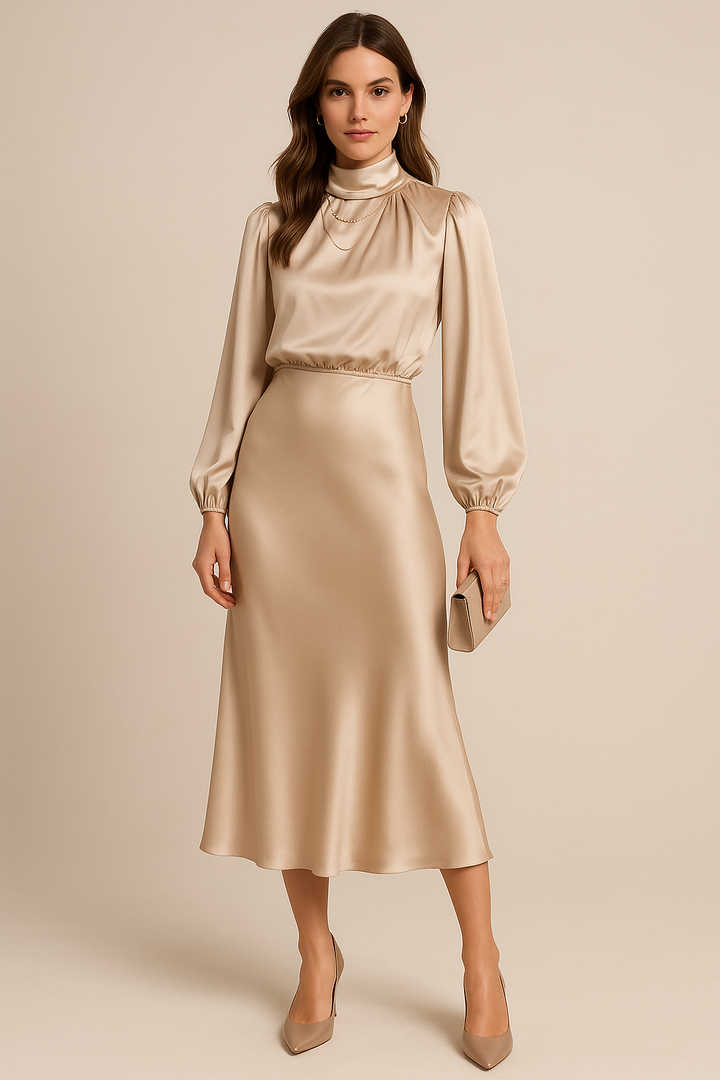 Wren | Women's High-Neck Long Sleeve Midi Dress Gathered Sleeves