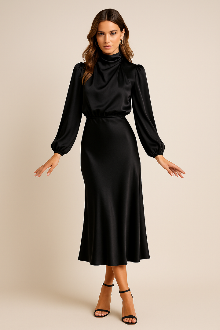 Wren | Women's High-Neck Long Sleeve Midi Dress Gathered Sleeves