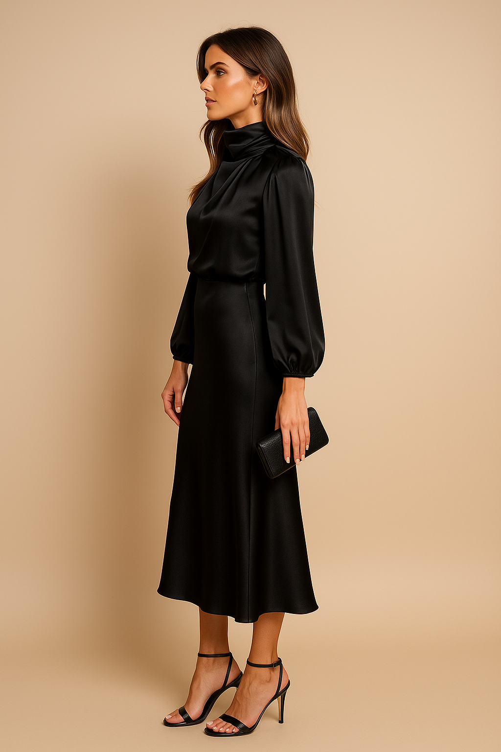 Wren | Women's High-Neck Long Sleeve Midi Dress Gathered Sleeves