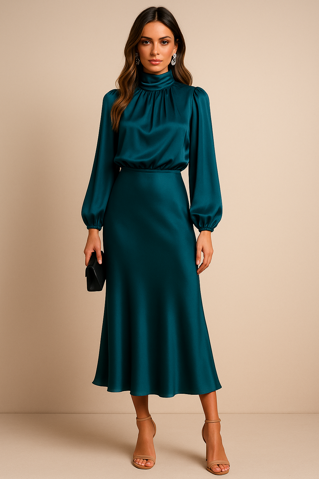 Wren | Women's High-Neck Long Sleeve Midi Dress Gathered Sleeves