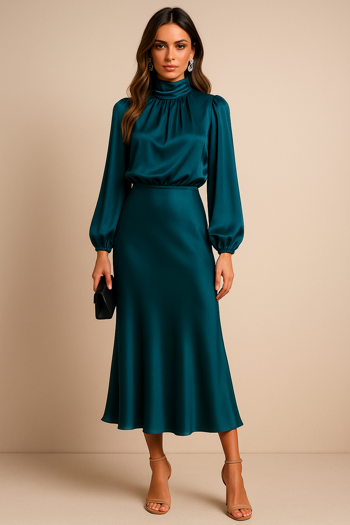 Wren | Women's High-Neck Long Sleeve Midi Dress Gathered Sleeves