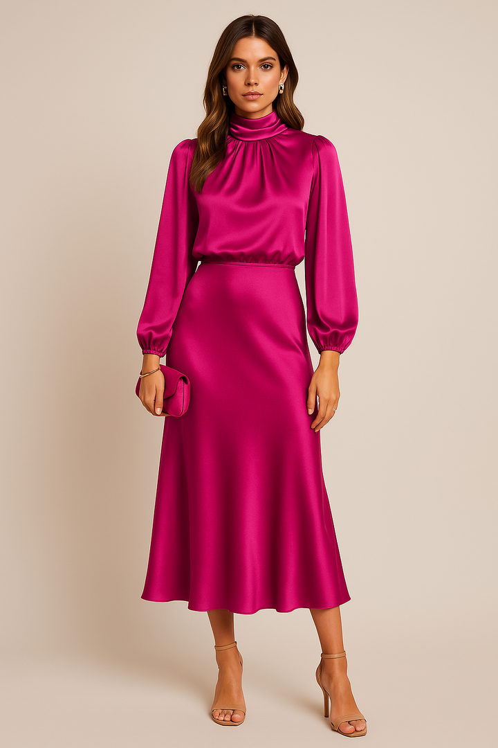 Wren | Women's High-Neck Long Sleeve Midi Dress Gathered Sleeves