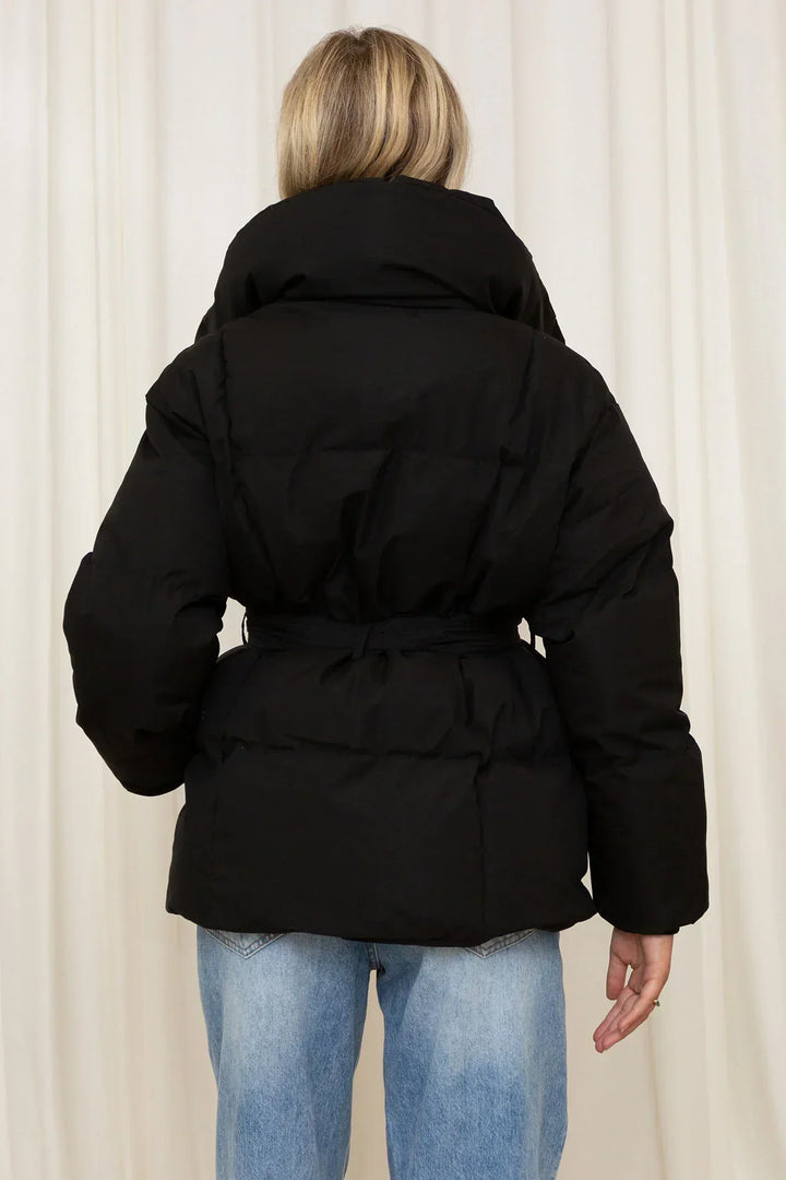 Women’s Belted Puffer Jacket – Oversized Collar Winter Layer for Cold Weather