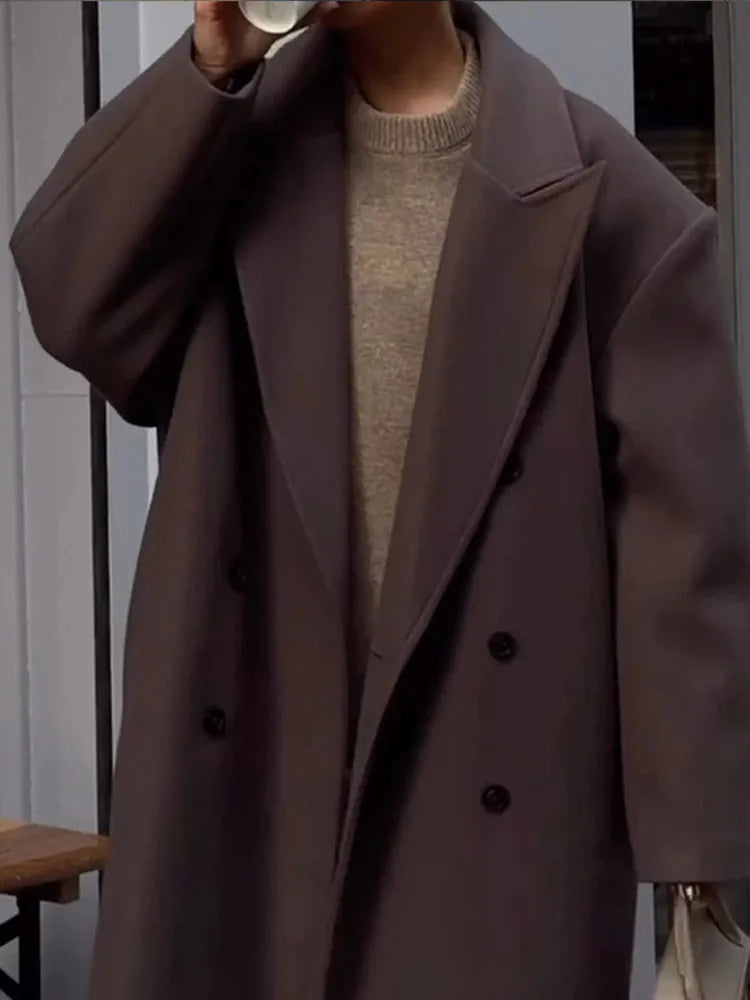 Women’s Oversized Double-Breasted Coat – Longline Lapel Layer for Autumn Wear