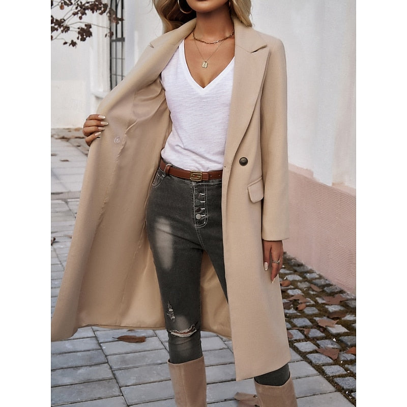 Walpurga | Women's Long Coat Straight Cut Notch Lapel Flap Pockets