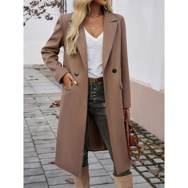 Walpurga | Women's Long Coat Straight Cut Notch Lapel Flap Pockets