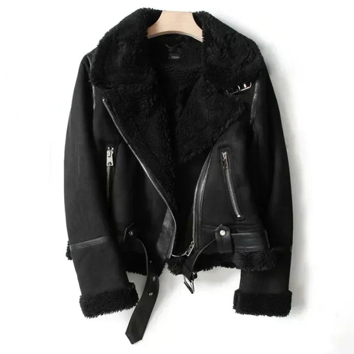 Women’s Sherpa-Lined Leather Jacket – Warm Biker Style for Autumn and Winter