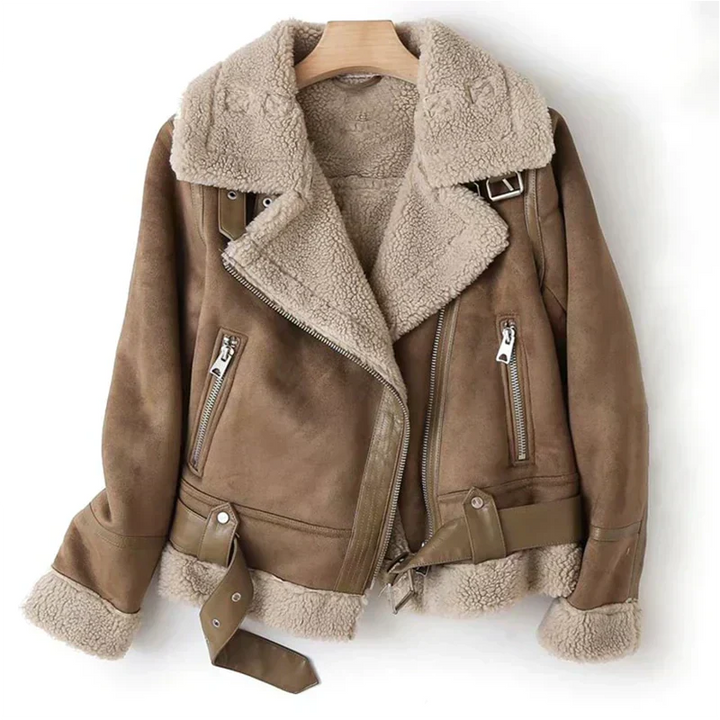 Women’s Sherpa-Lined Leather Jacket – Warm Biker Style for Autumn and Winter
