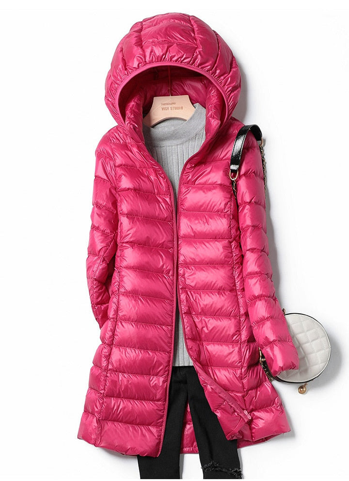 Women’s Hooded Puffer Coat – Lightweight Longline Winter Jacket for Everyday Wear