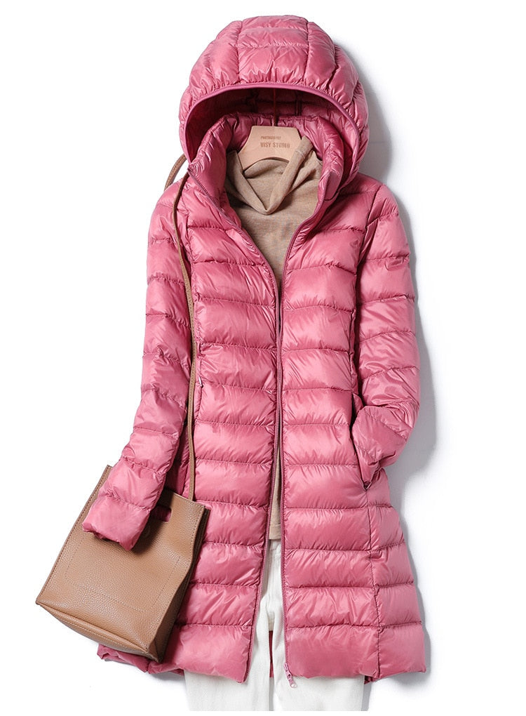 Women’s Hooded Puffer Coat – Lightweight Longline Winter Jacket for Everyday Wear