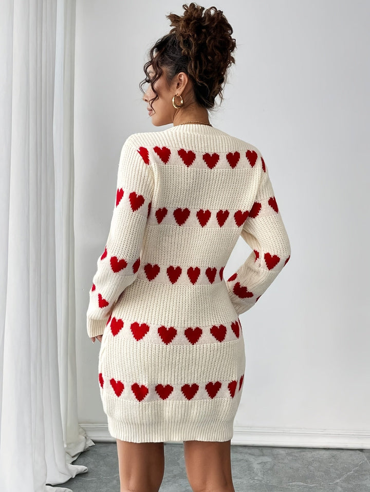 Editha | Women's Heart Pattern Knitted Jumper Dress Long Sleeve Round Neck