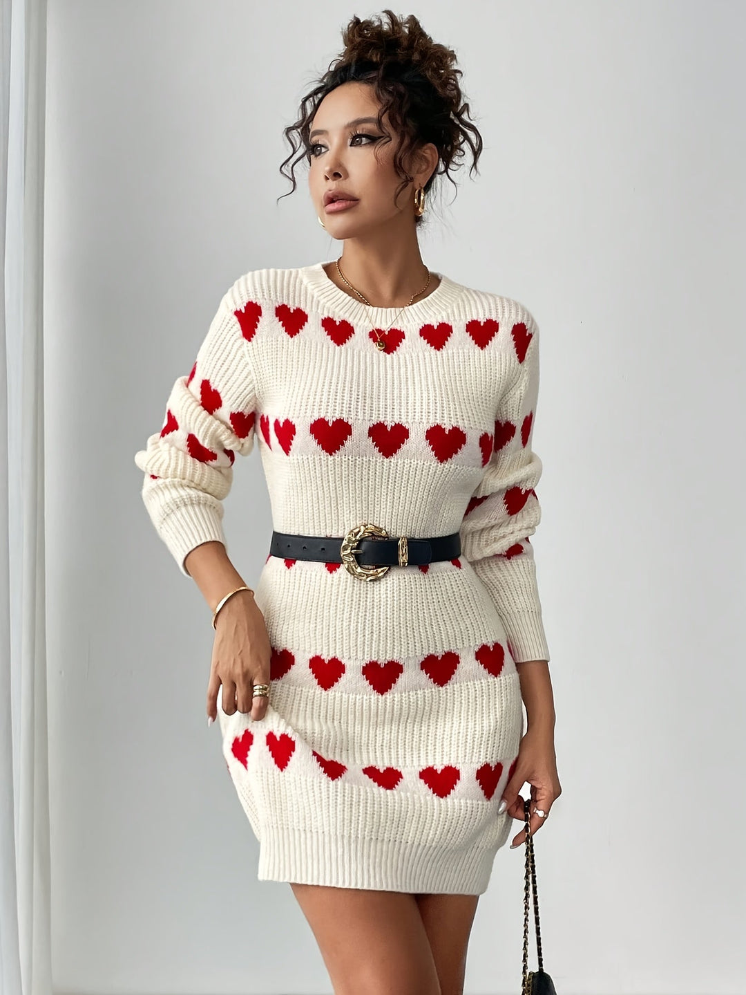 Editha | Women's Heart Pattern Knitted Jumper Dress Long Sleeve Round Neck