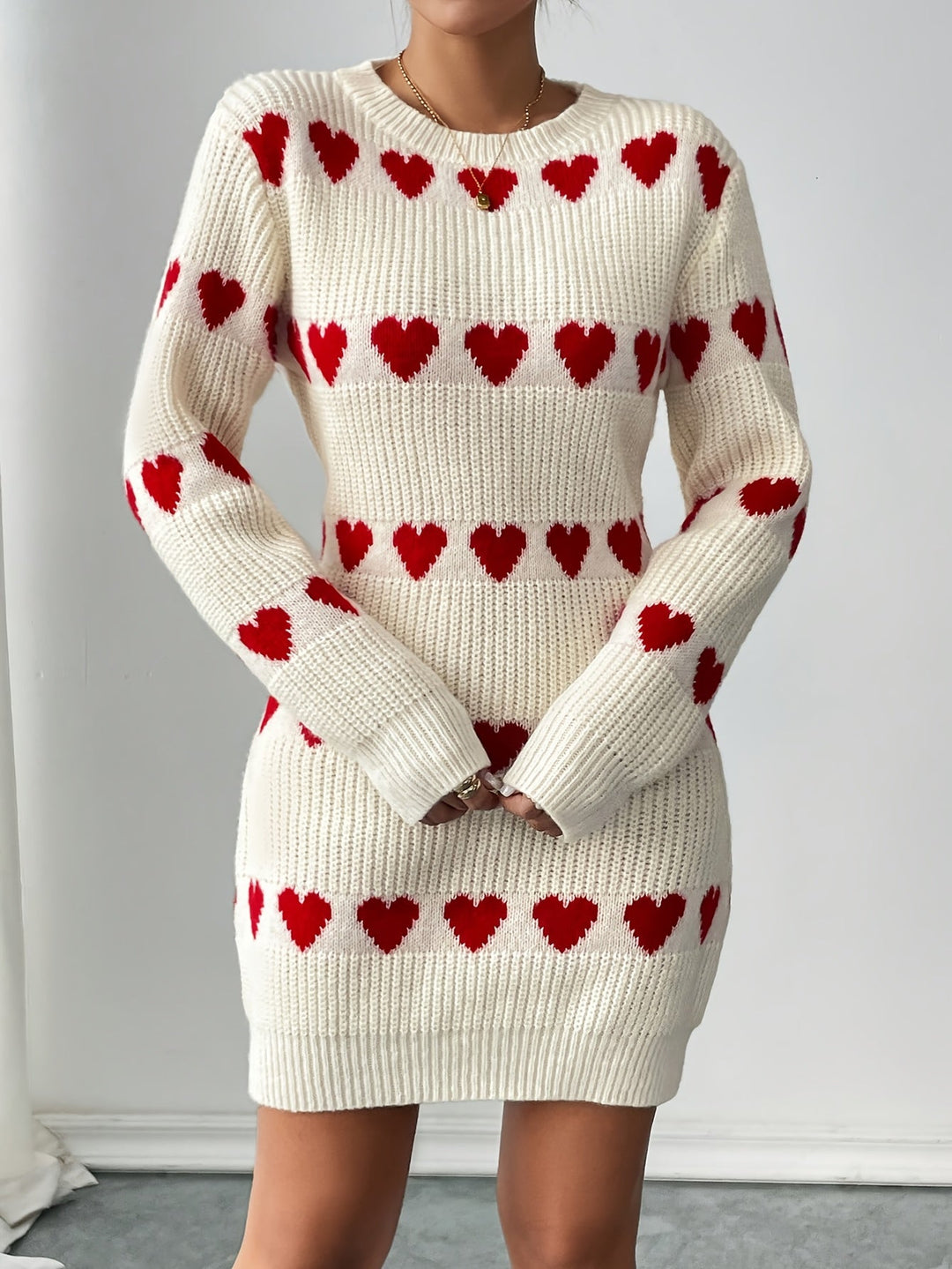 Editha | Women's Heart Pattern Knitted Jumper Dress Long Sleeve Round Neck