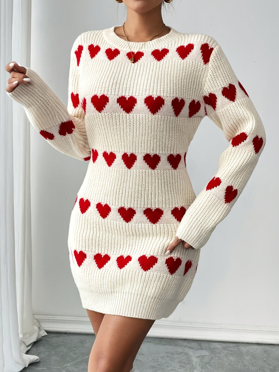 Editha | Women's Heart Pattern Knitted Jumper Dress Long Sleeve Round Neck