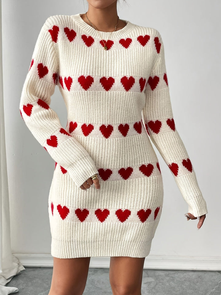 Editha | Women's Heart Pattern Knitted Jumper Dress Long Sleeve Round Neck