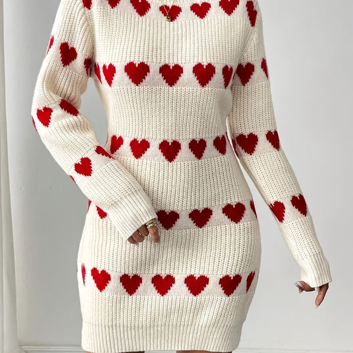 Editha | Women's Heart Pattern Knitted Jumper Dress Long Sleeve Round Neck
