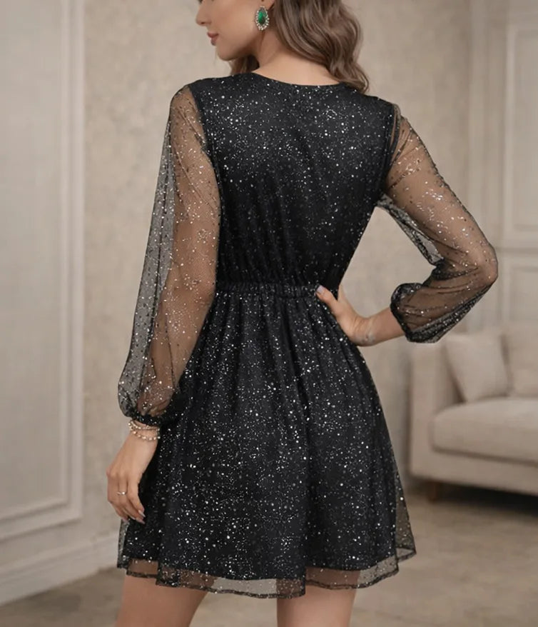 Naomi | Women's Long Sleeve Sparkly Mini Party Dress Sheer Sleeves V-Neck