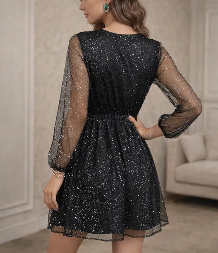 Naomi | Women's Long Sleeve Sparkly Mini Party Dress Sheer Sleeves V-Neck