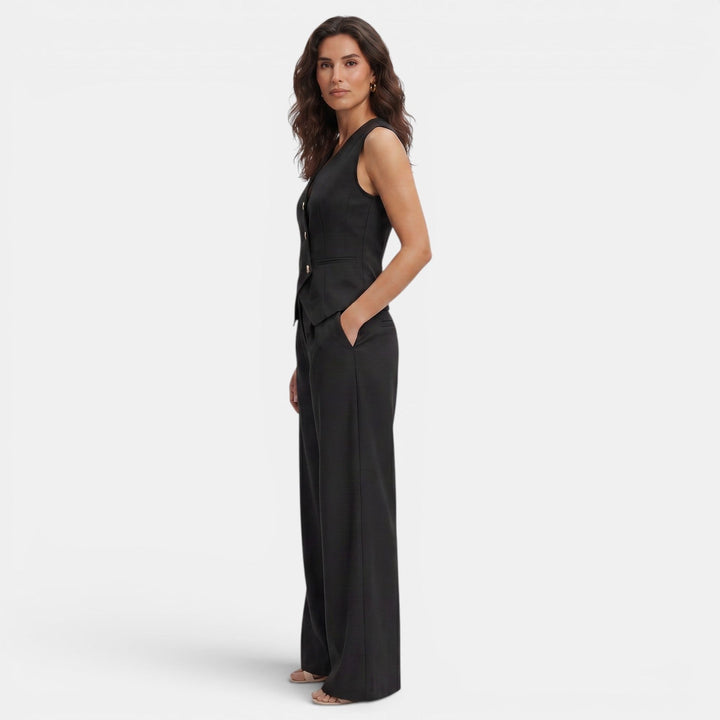 Women's V-neck Buttoned Waistcoat and High-Waisted Wide-Leg Trousers
