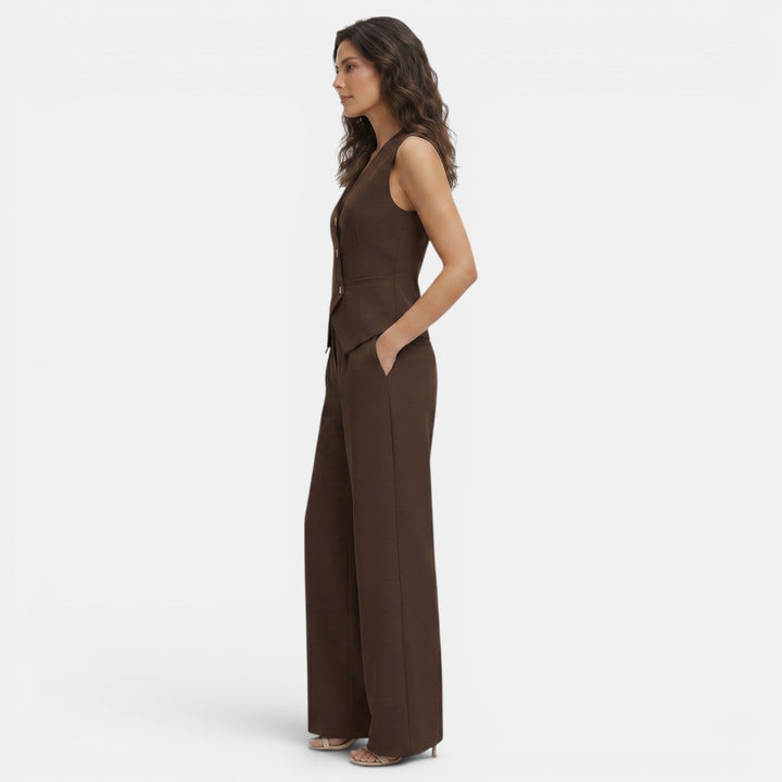 Women's V-neck Buttoned Waistcoat and High-Waisted Wide-Leg Trousers