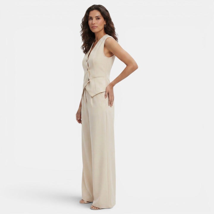 Women's V-neck Buttoned Waistcoat and High-Waisted Wide-Leg Trousers