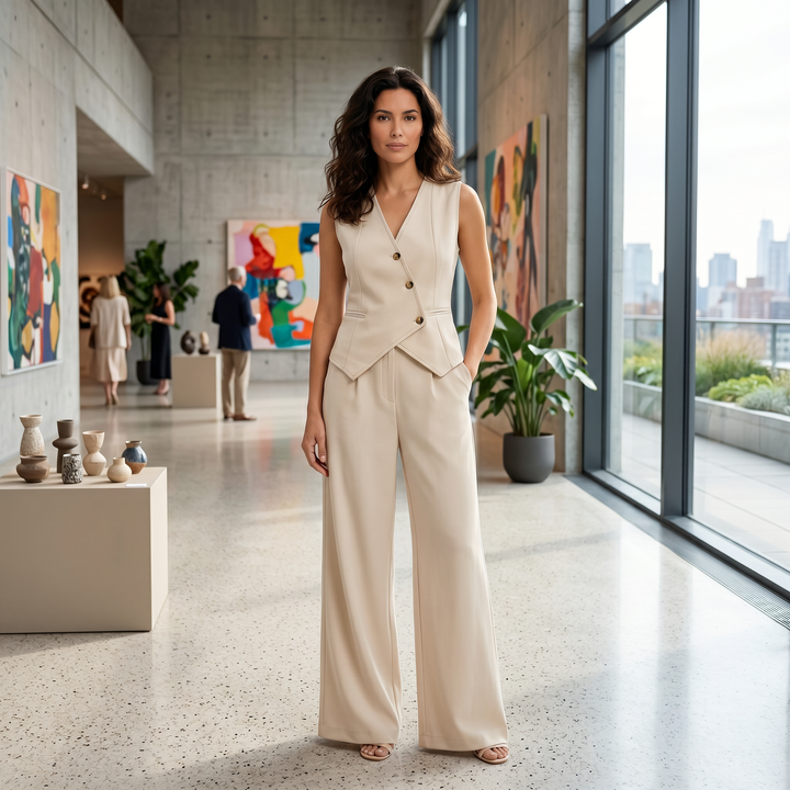 Women's V-neck Buttoned Waistcoat and High-Waisted Wide-Leg Trousers