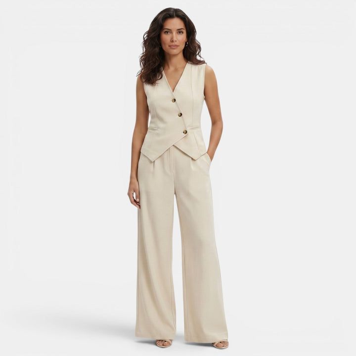 Women's V-neck Buttoned Waistcoat and High-Waisted Wide-Leg Trousers