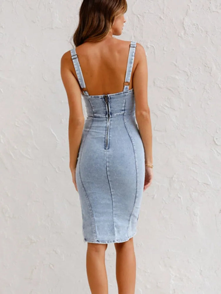 Eliza | Women's Denim Midi Dress Adjustable Straps Side Slit Zip