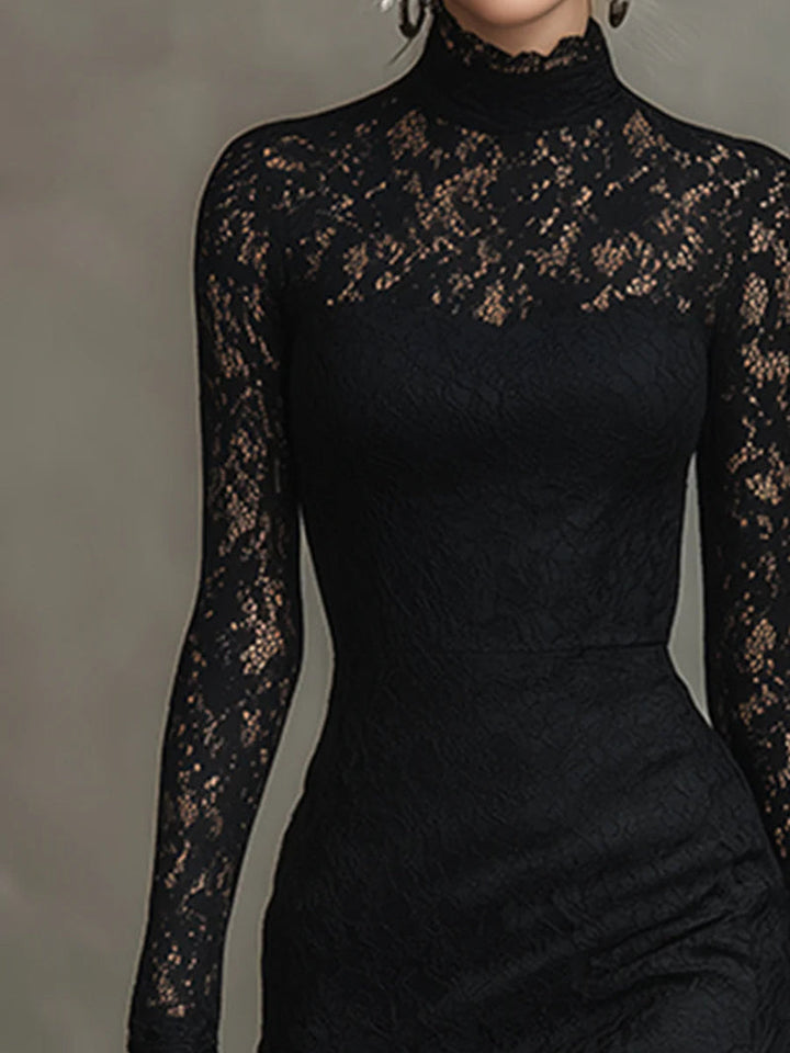 Mandy | Women's Lace Long-Sleeve Midi Dress High Neck Fitted