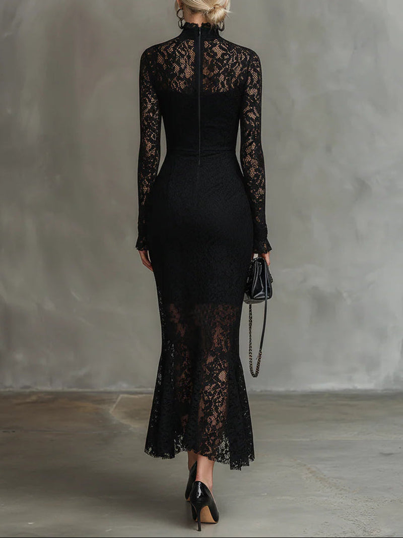 Mandy | Women's Lace Long-Sleeve Midi Dress High Neck Fitted