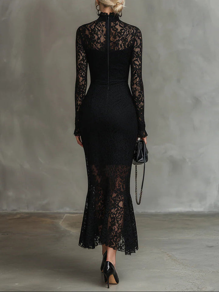 Mandy | Women's Lace Long-Sleeve Midi Dress High Neck Fitted