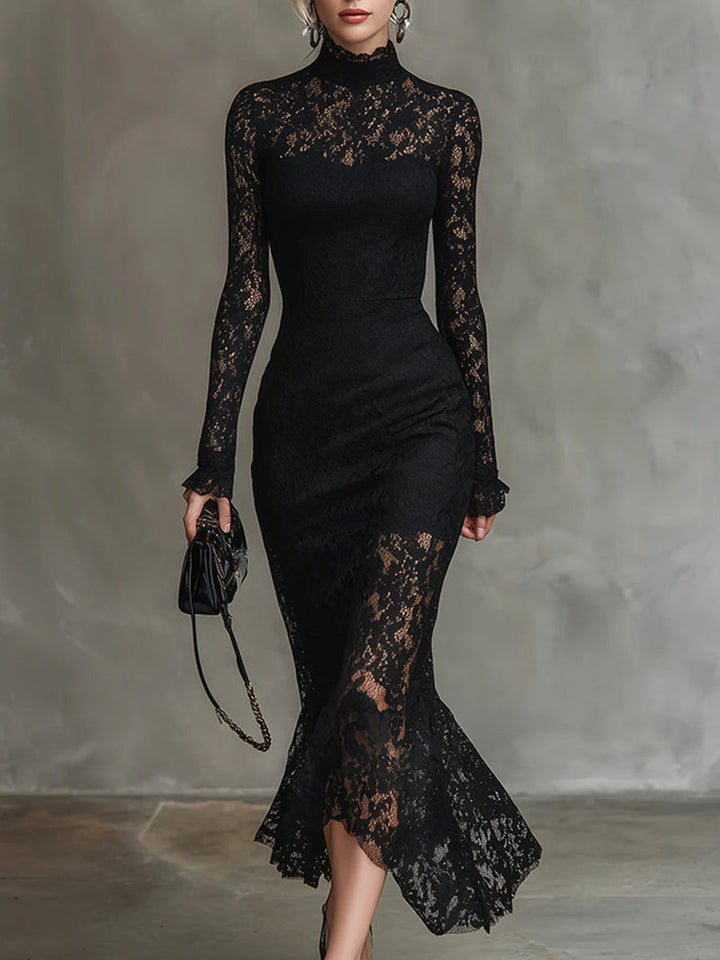 Mandy | Women's Lace Long-Sleeve Midi Dress High Neck Fitted
