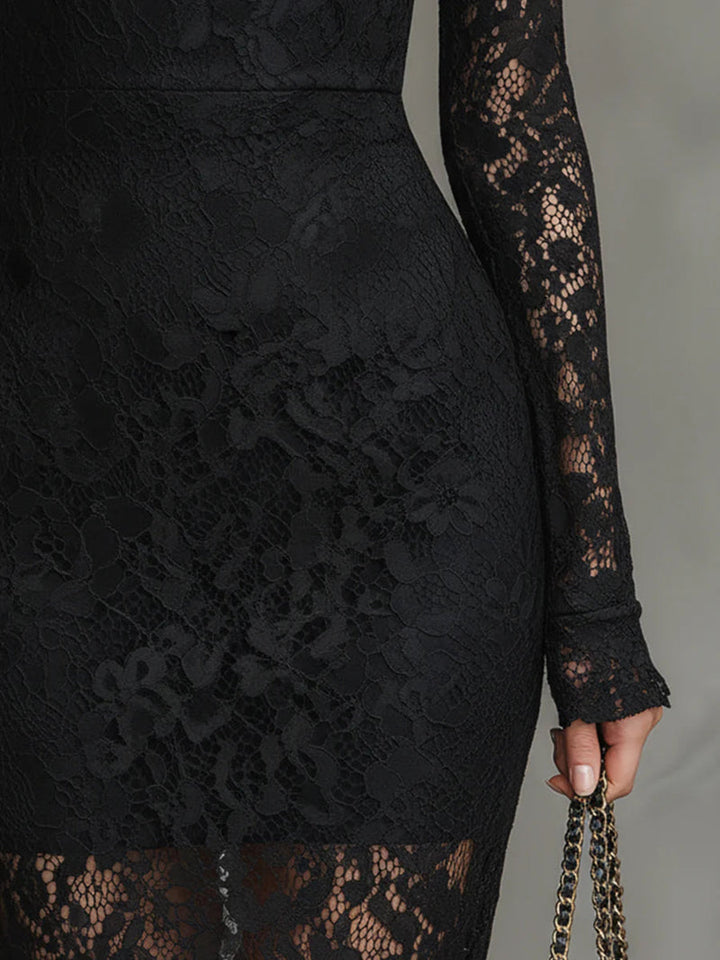 Mandy | Women's Lace Long-Sleeve Midi Dress High Neck Fitted