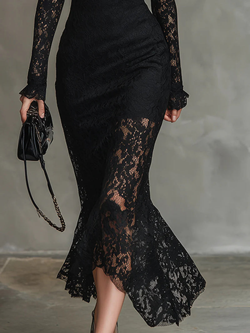 Mandy | Women's Lace Long-Sleeve Midi Dress High Neck Fitted