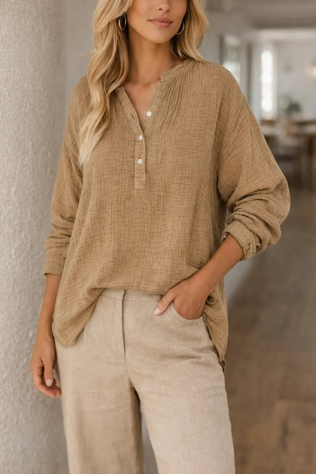 Natalie | Women's Long Sleeve Henley Top V-Neck Button Placket Crinkle