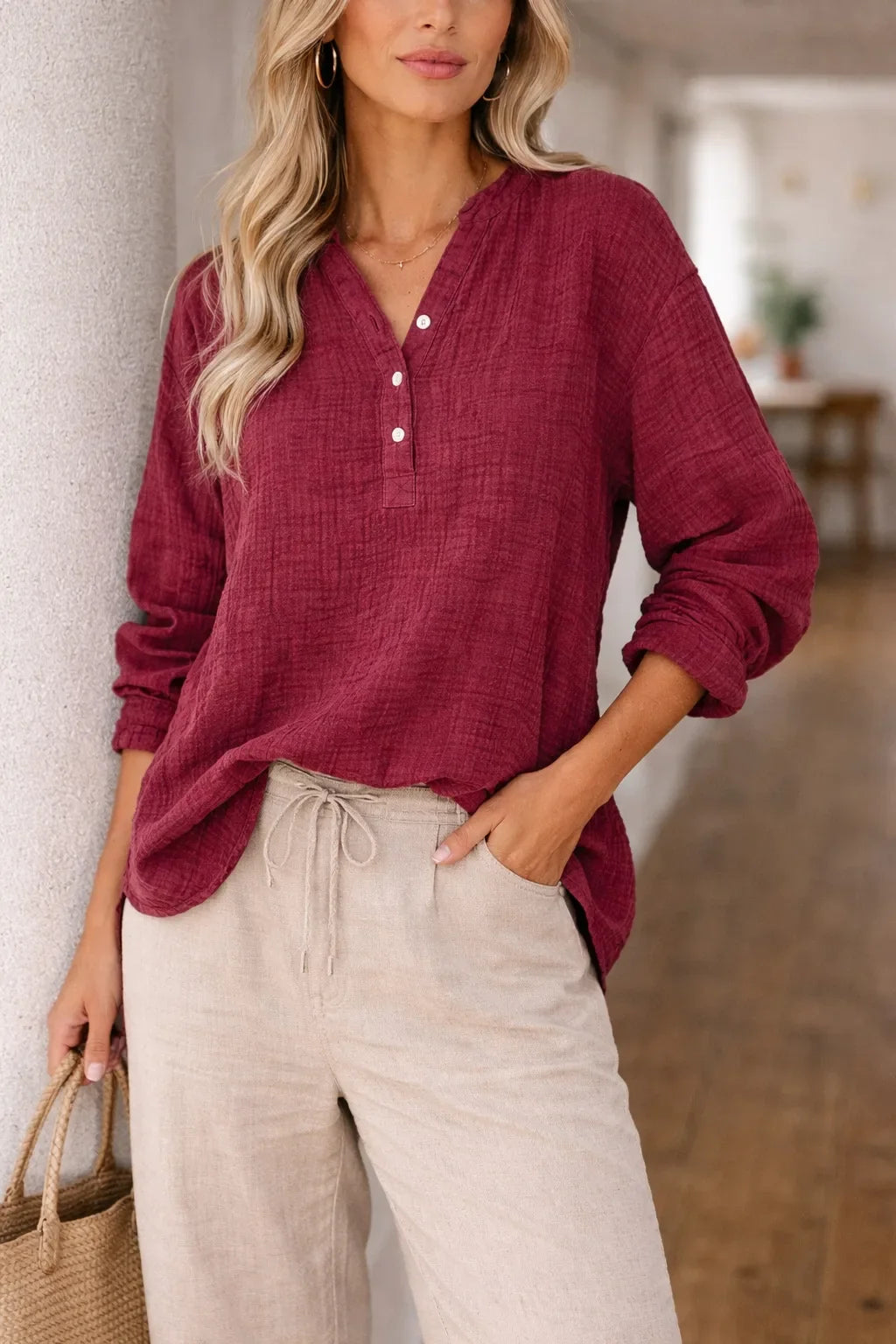 Natalie | Women's Long Sleeve Henley Top V-Neck Button Placket Crinkle
