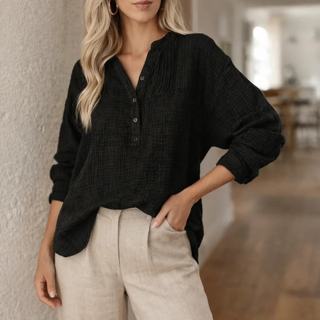 Natalie | Women's Long Sleeve Henley Top V-Neck Button Placket Crinkle