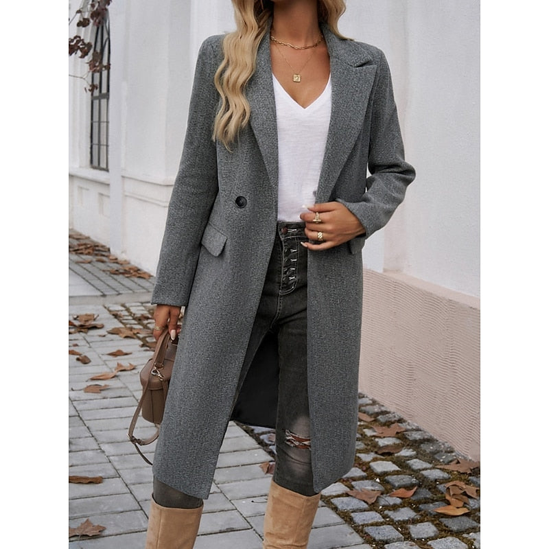 Walpurga | Women's Long Coat Straight Cut Notch Lapel Flap Pockets