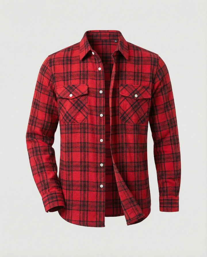 Noah | Men's Plaid Flannel Shirt Long Sleeve Twin Button-Flap Chest Pockets