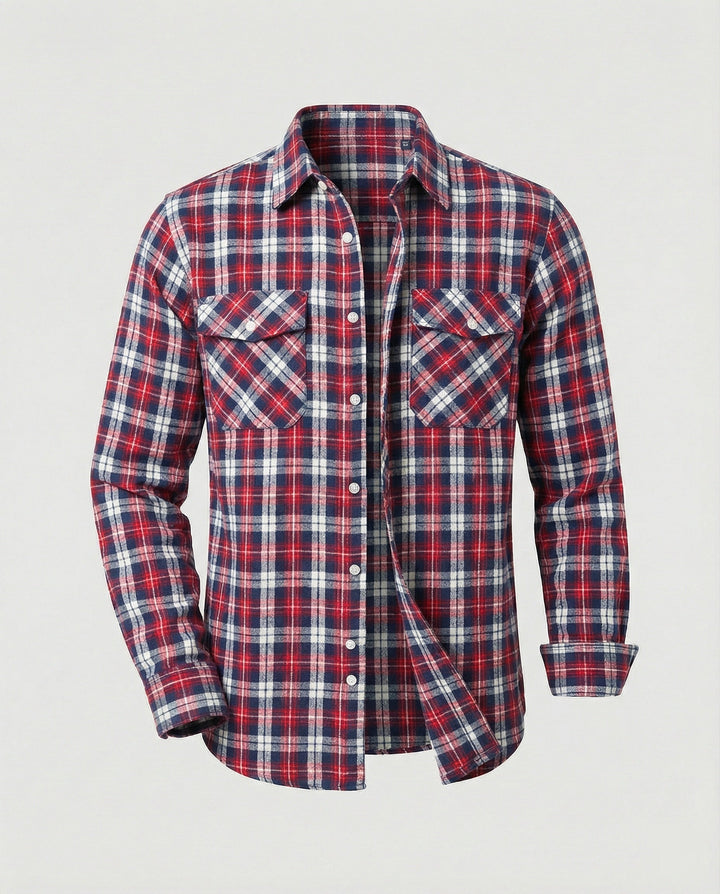 Noah | Men's Plaid Flannel Shirt Long Sleeve Twin Button-Flap Chest Pockets
