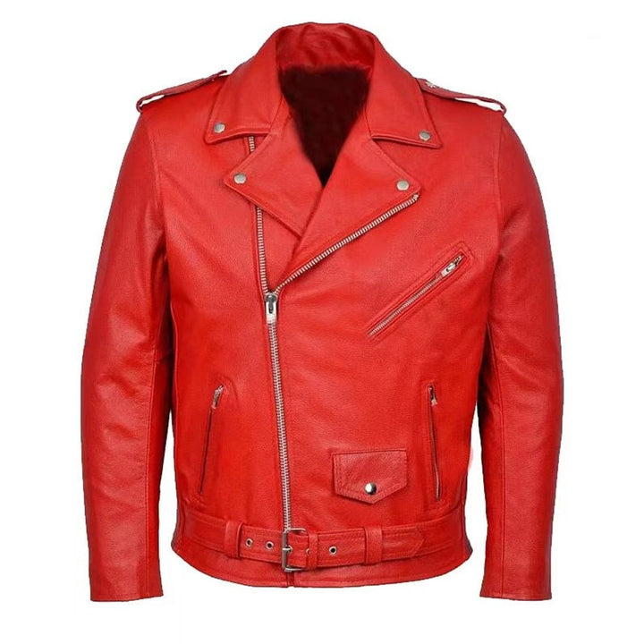 Theo | Mens Asymmetric Zip Leather Biker Jacket Lapel Collar Belted