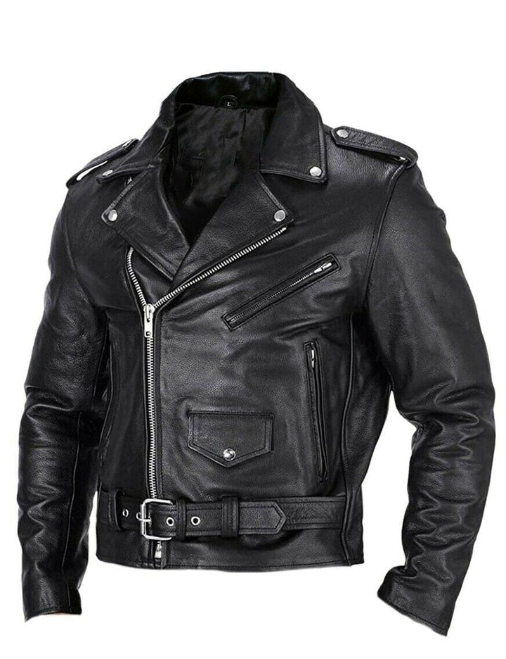 Theo | Mens Asymmetric Zip Leather Biker Jacket Lapel Collar Belted