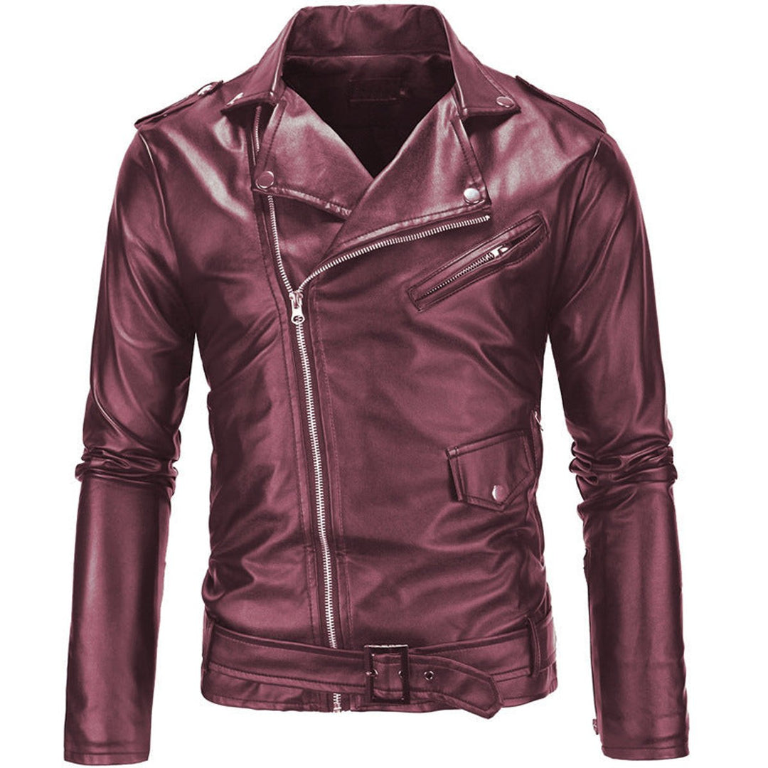 Theo | Mens Asymmetric Zip Leather Biker Jacket Lapel Collar Belted