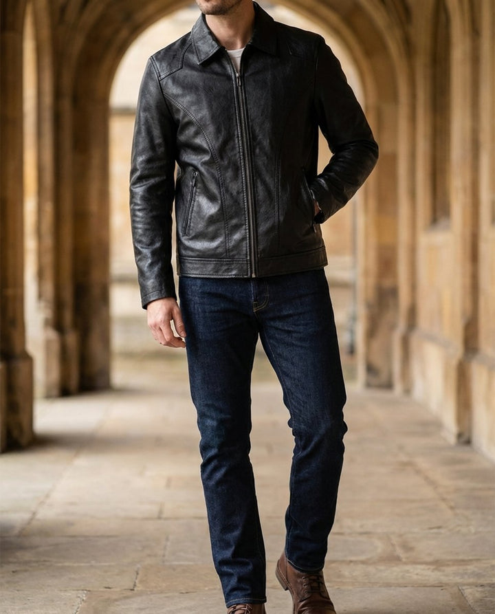 Alfie | Men's Black Leather Zip-Up Biker Jacket Coat
