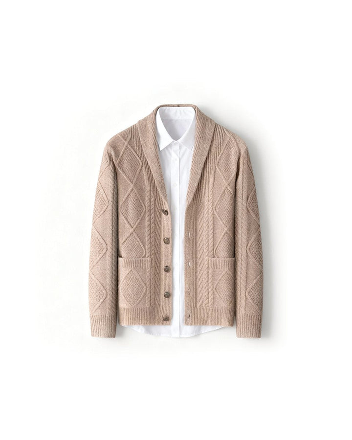 Archie | Men's Cable-Knit Wool Cardigan Shawl-Collar Button-Up Jumper