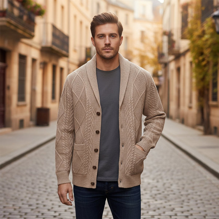 Archie | Men's Cable-Knit Wool Cardigan Shawl-Collar Button-Up Jumper