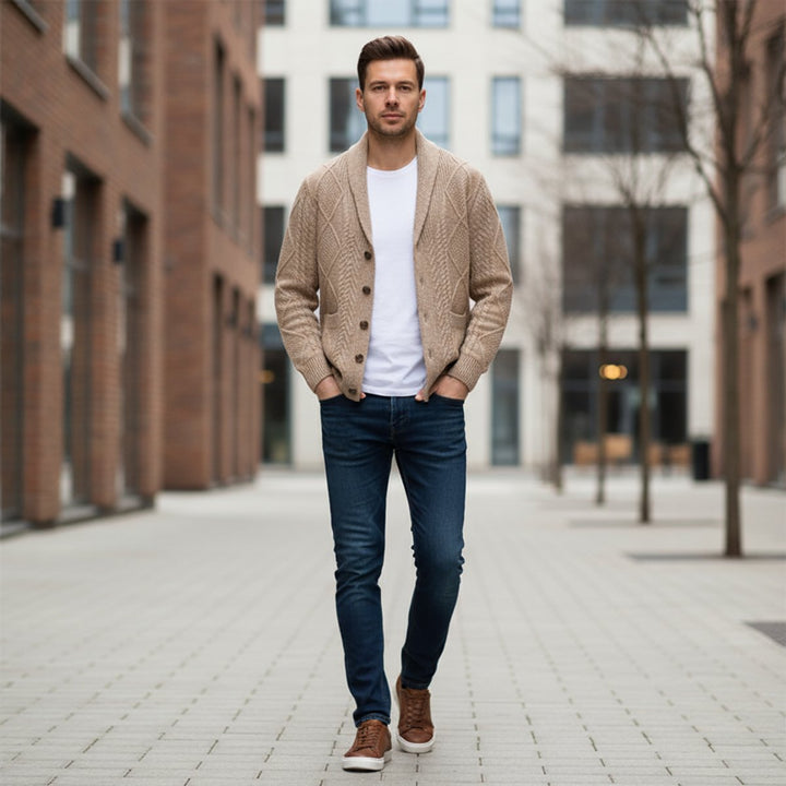 Archie | Men's Cable-Knit Wool Cardigan Shawl-Collar Button-Up Jumper