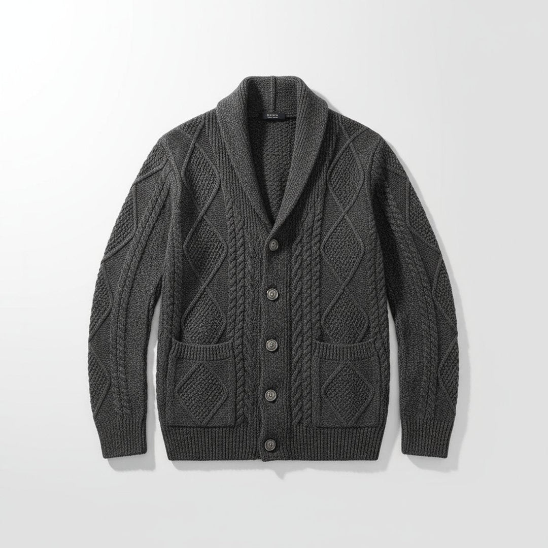Archie | Men's Cable-Knit Wool Cardigan Shawl-Collar Button-Up Jumper